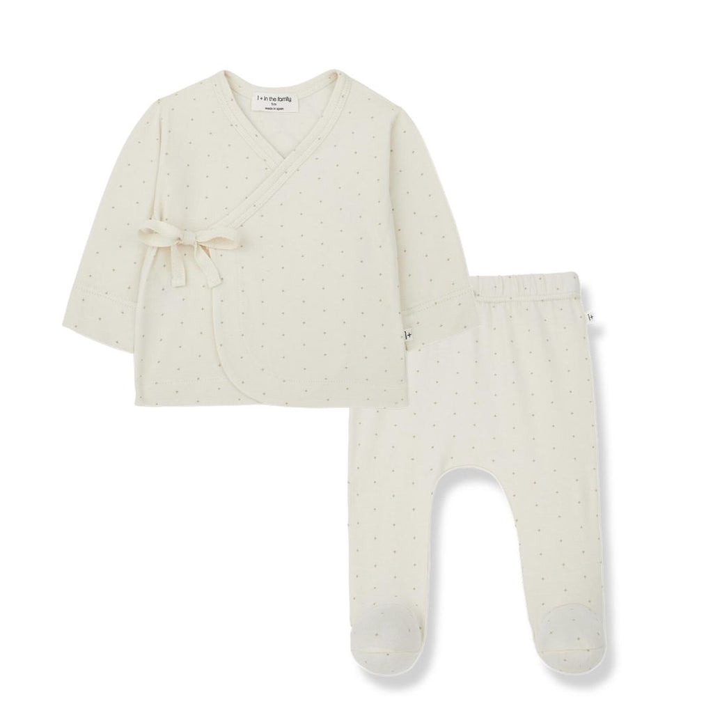 1+ In The Family - Wrap Top + Footed Pant Set - Ecru Dot-Sets-0M-Posh Baby