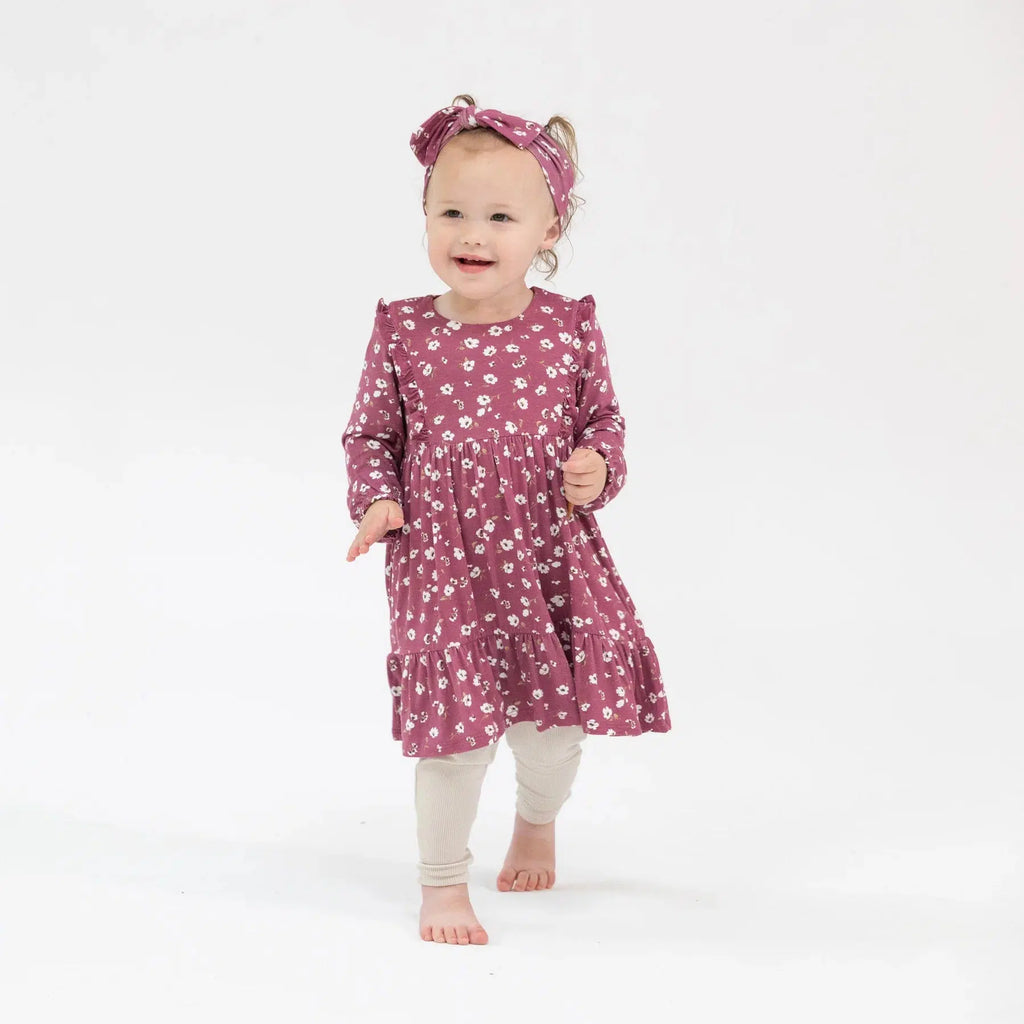 Angel Dear - Ruffle Tiered Dress + Legging - Plum Floral-Dresses-6-12M-Posh Baby