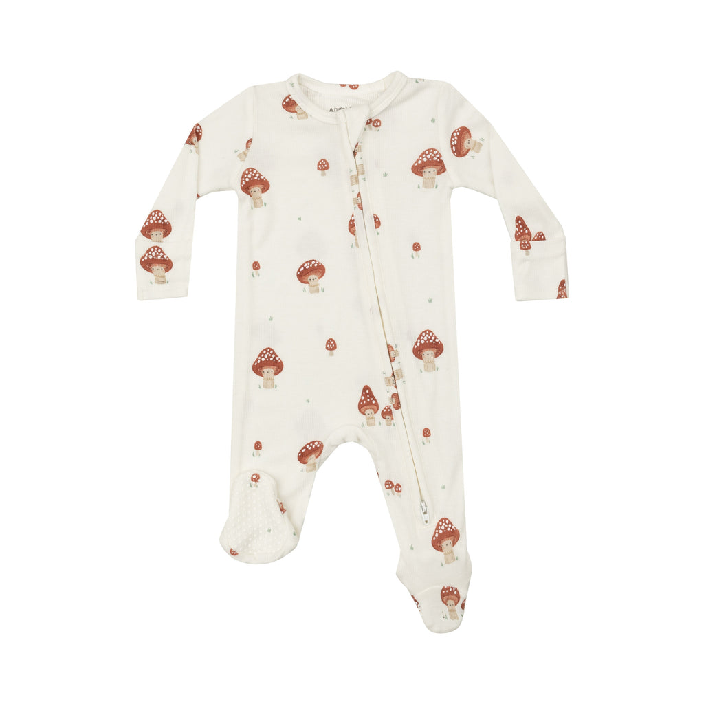 Angel Dear - Two-Way Ribbed Zipper Footie - Mushrooms-Footies + Rompers (Basic)-Newborn-Posh Baby