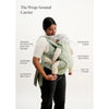 A woman wearing a wrap-around baby carrier with a baby inside, shown against a plain light background with text callouts labeling features such as integrated shade, adjustable seat width, and built-in pocket.