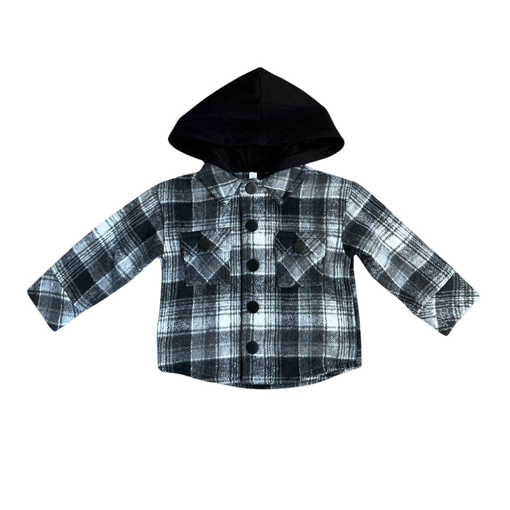 Babysprouts - Hooded Shacket - Black Plaid-Sweaters + Cardigans + Jackets-12-18M-Posh Baby