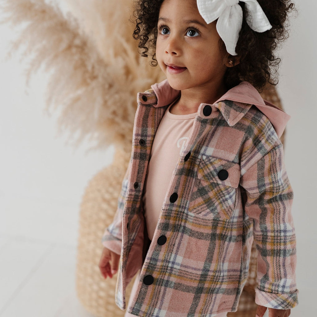 Babysprouts - Hooded Shacket - Pink Plaid-Sweaters + Cardigans + Jackets-6-12M-Posh Baby