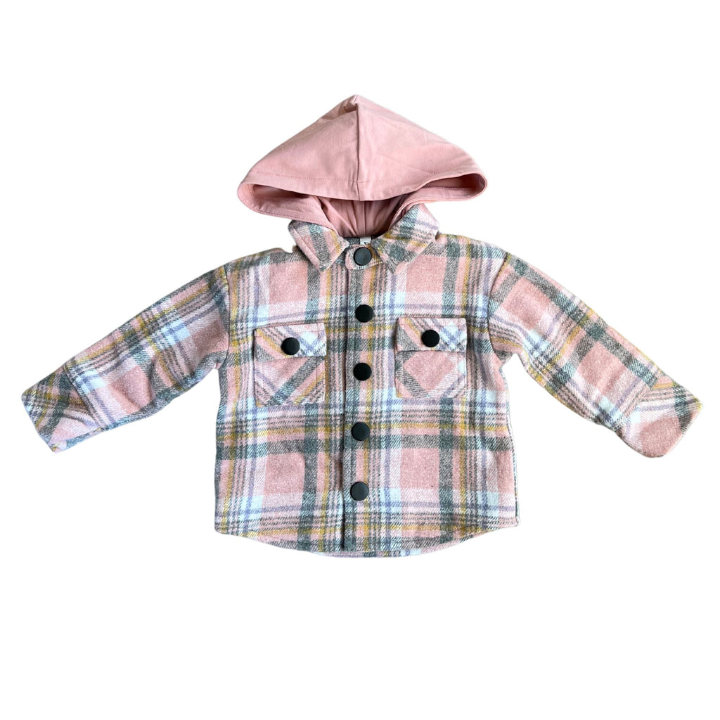 Babysprouts - Hooded Shacket - Pink Plaid-Sweaters + Cardigans + Jackets-6-12M-Posh Baby