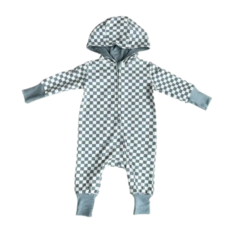 Babysprouts - Hooded Zip Romper - Storm Check-Footies + Rompers (Fashion)-3-6M-Posh Baby