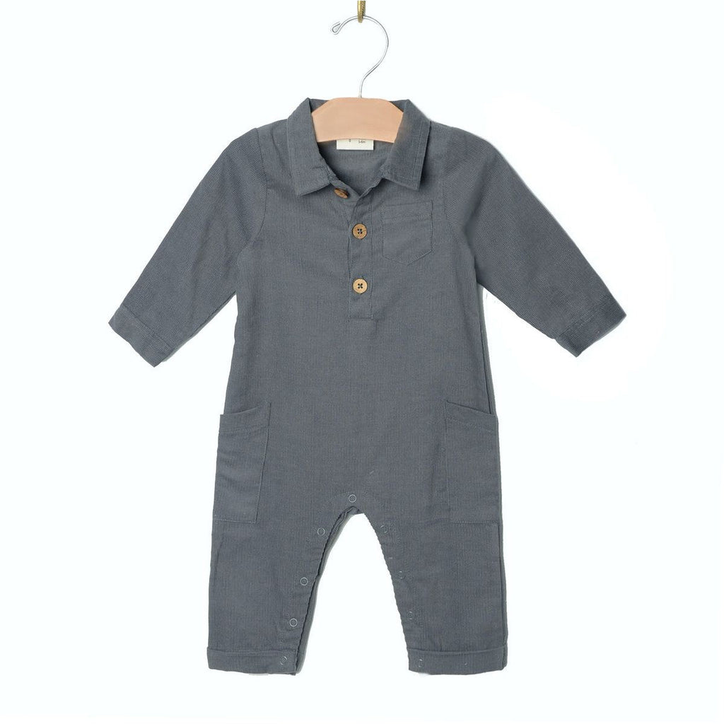 City Mouse - Collared Corduroy Romper - Granite-Footies + Rompers (Fashion)-3-6M-Posh Baby