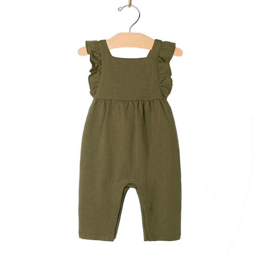 City Mouse - Flutter Sleeve Overalls - Olive Green-Footies + Rompers (Fashion)-0-3M-Posh Baby