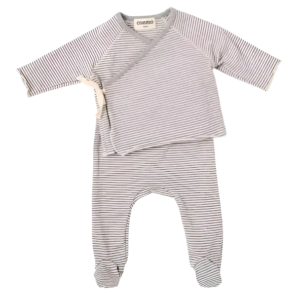 Cozmo (Barcelona) - Kimono Wrap + Footed Pant Set - Grey Stripes-Sets-Newborn-Posh Baby