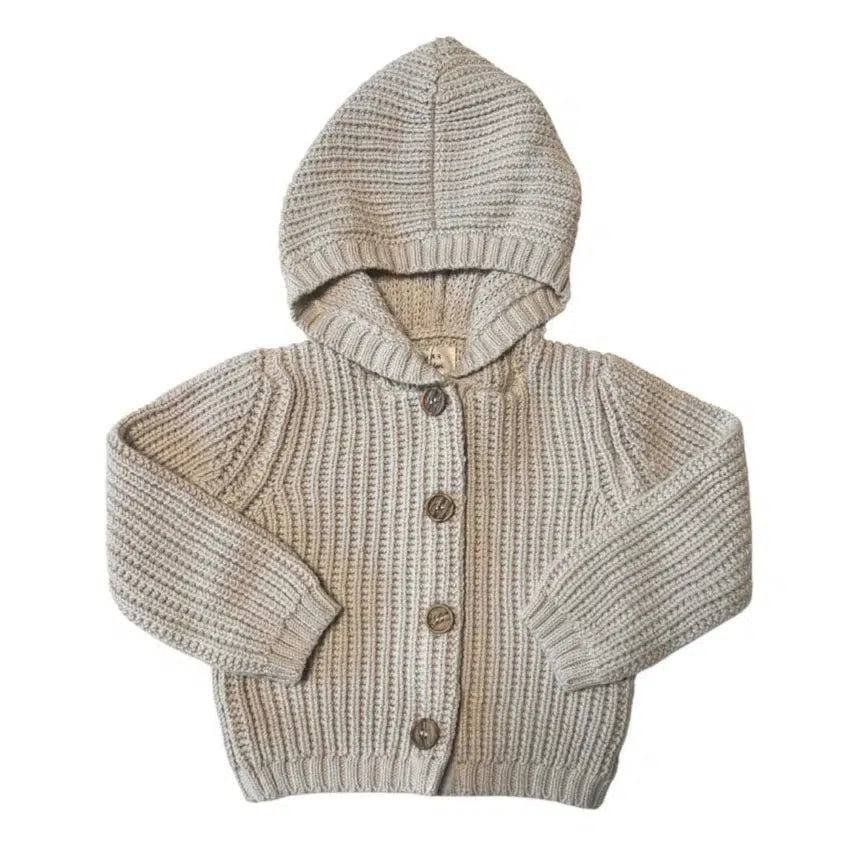 Dear Hayden - Waffle Knit Hooded Cardigan - Oatmeal-Sweaters + Cardigans + Jackets-0-6M-Posh Baby