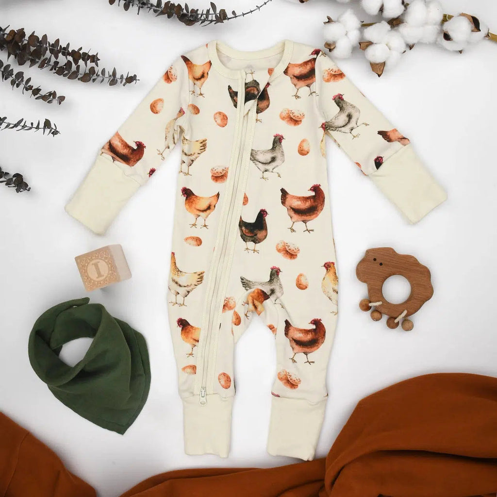 Earthy - Organic Cotton Zipper Sleeper - Chickens-Footies + Rompers (Basic)-Preemie-Posh Baby