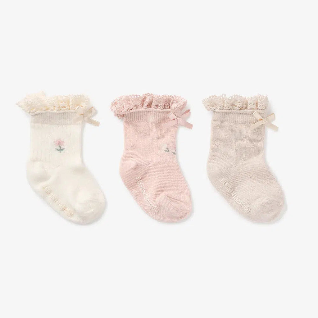 Elegant Baby - Floral Ankle Socks - 3 Pack (0-12M)-Socks + Tights-0-12M-Posh Baby