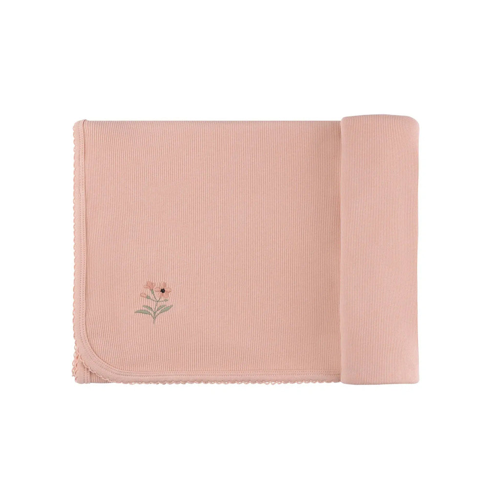 Ely's + Co - Organic Ribbed Embroidered Blanket - Pink Flower-Quilts + Snuggle Blankets-Posh Baby