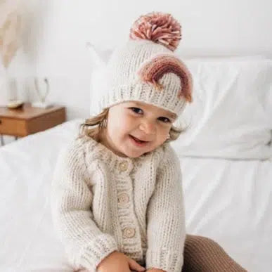 Huggalugs - Pom Pom Knit Beanie - Mauve Rainbow-Hats-S (0-6M)-Posh Baby