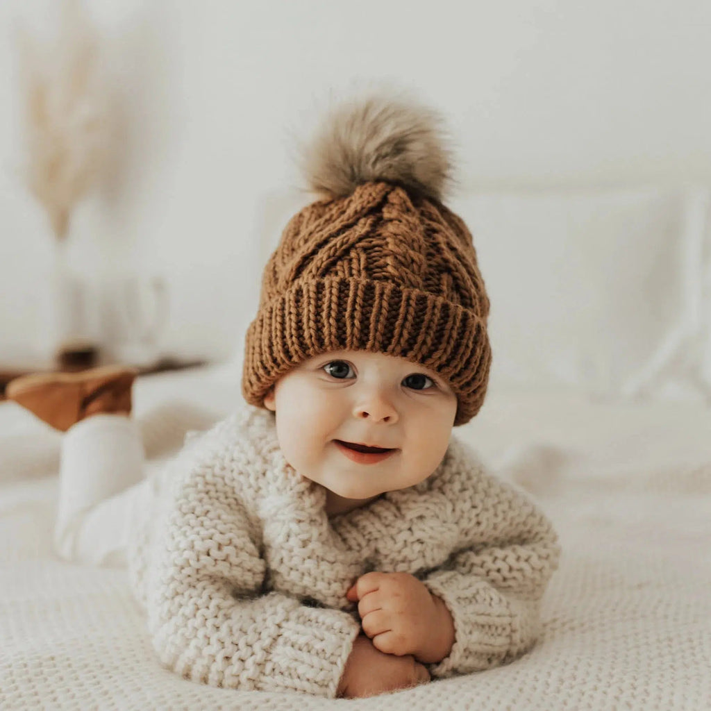 Huggalugs - Pom Pom Knit Beanie - Pecan-Hats-XS (Newborn)-Posh Baby