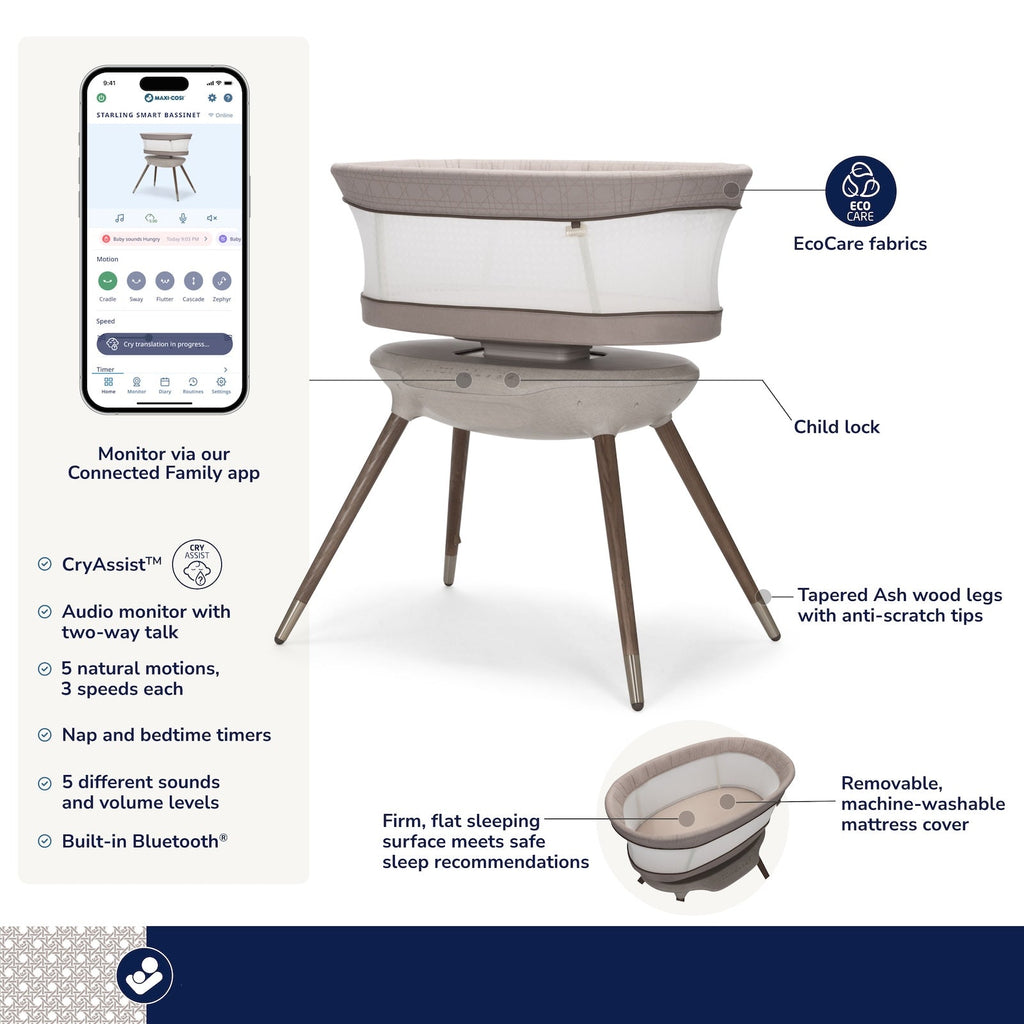 Maxi-Cosi - Starling Smart Bassinet - Natural Heritage-Bassinets + Cradles-Posh Baby