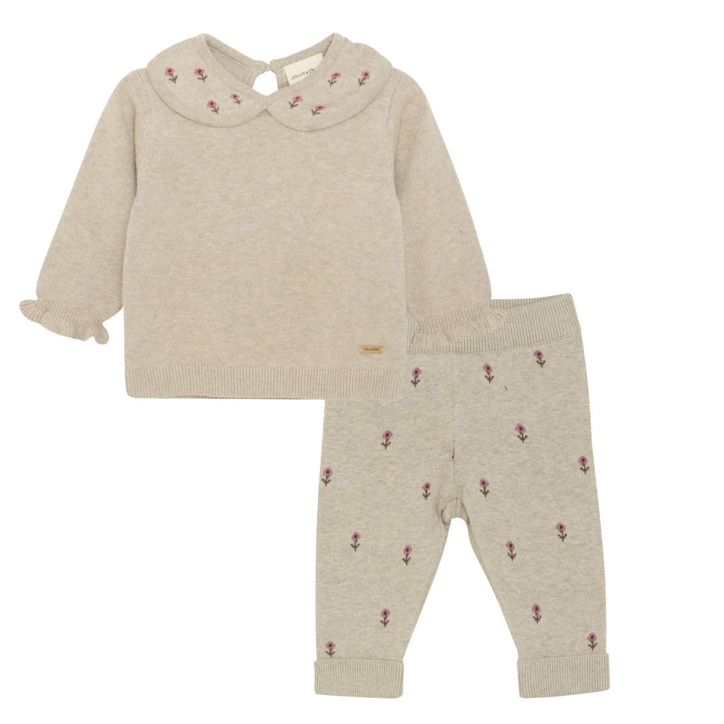 Minymo - Knit Pant + Sweater Set - Oatmeal Flowers-Sets-0-3M (1M)-Posh Baby