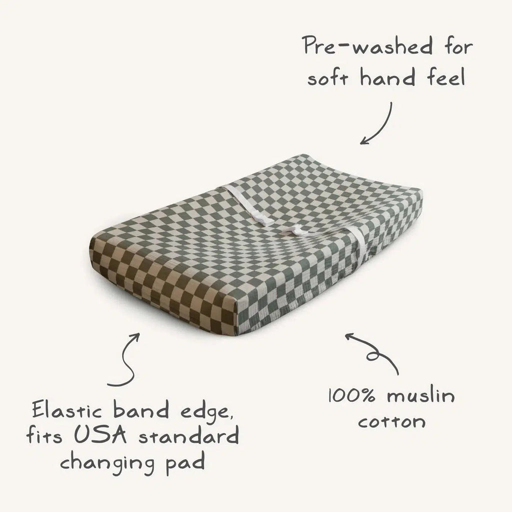 Mushie - Extra Soft Muslin Changing Pad Cover - Natural Check-Changing Pads + Covers-Posh Baby