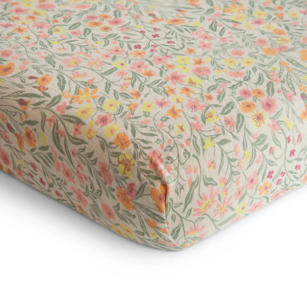 Mushie - Extra Soft Muslin Crib Sheet - Pastel Blooms-Crib Sheets-Posh Baby