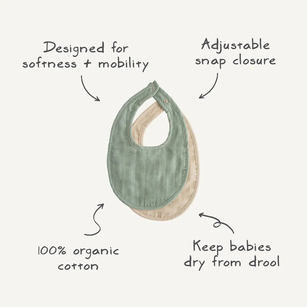 Mushie - Organic Cotton Muslin Bib 2-Pack - Roman Green + Fog-Bibs + Burps-Posh Baby