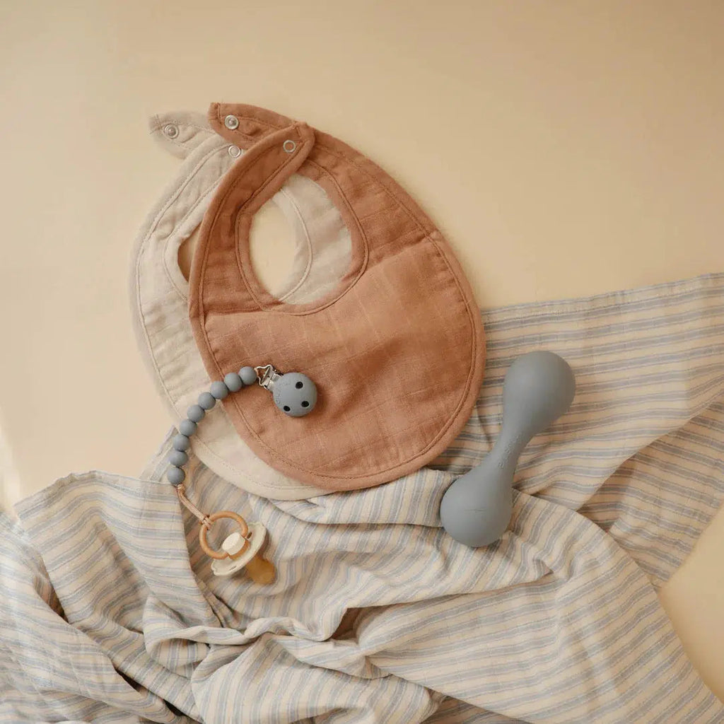 Mushie - Organic Cotton Muslin Bib 2-Pack - Tan + Fog-Bibs + Burps-Posh Baby