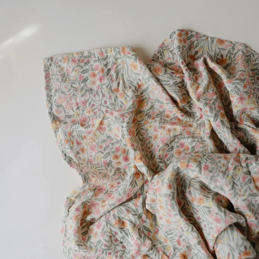 Mushie - Organic Cotton Muslin Swaddle Blanket - Pastel Blooms-Swaddle Blankets-Posh Baby