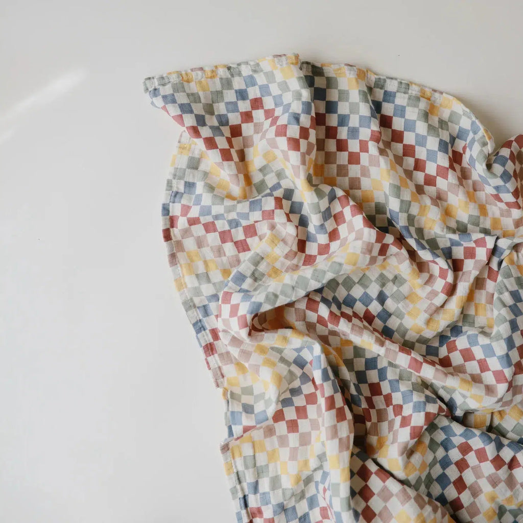 Mushie - Organic Cotton Muslin Swaddle Blanket - Retro Check-Swaddle Blankets-Posh Baby