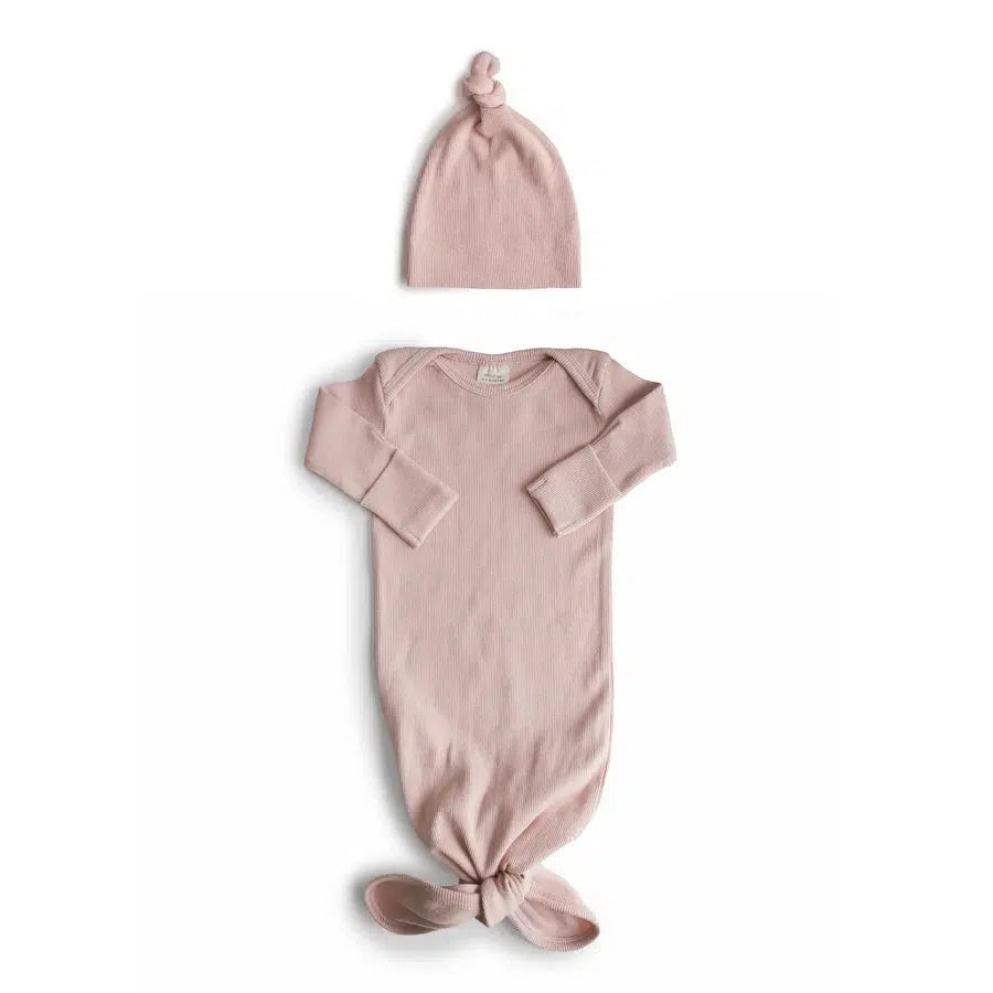 Mushie - Organic Ribbed Cotton Knotted Gown + Hat Sets-Infant Gowns-0-3M-Blush-Posh Baby