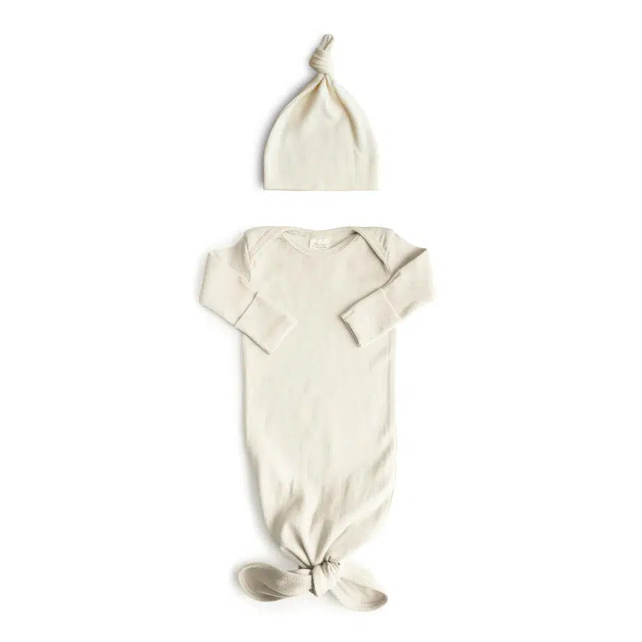 Mushie - Organic Ribbed Cotton Knotted Gown + Hat Sets-Infant Gowns-0-3M-Ivory-Posh Baby