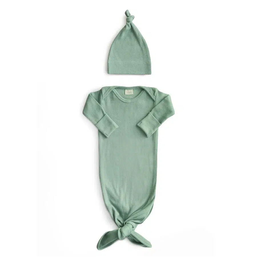 Mushie - Organic Ribbed Cotton Knotted Gown + Hat Sets-Infant Gowns-0-3M-Roman Green-Posh Baby