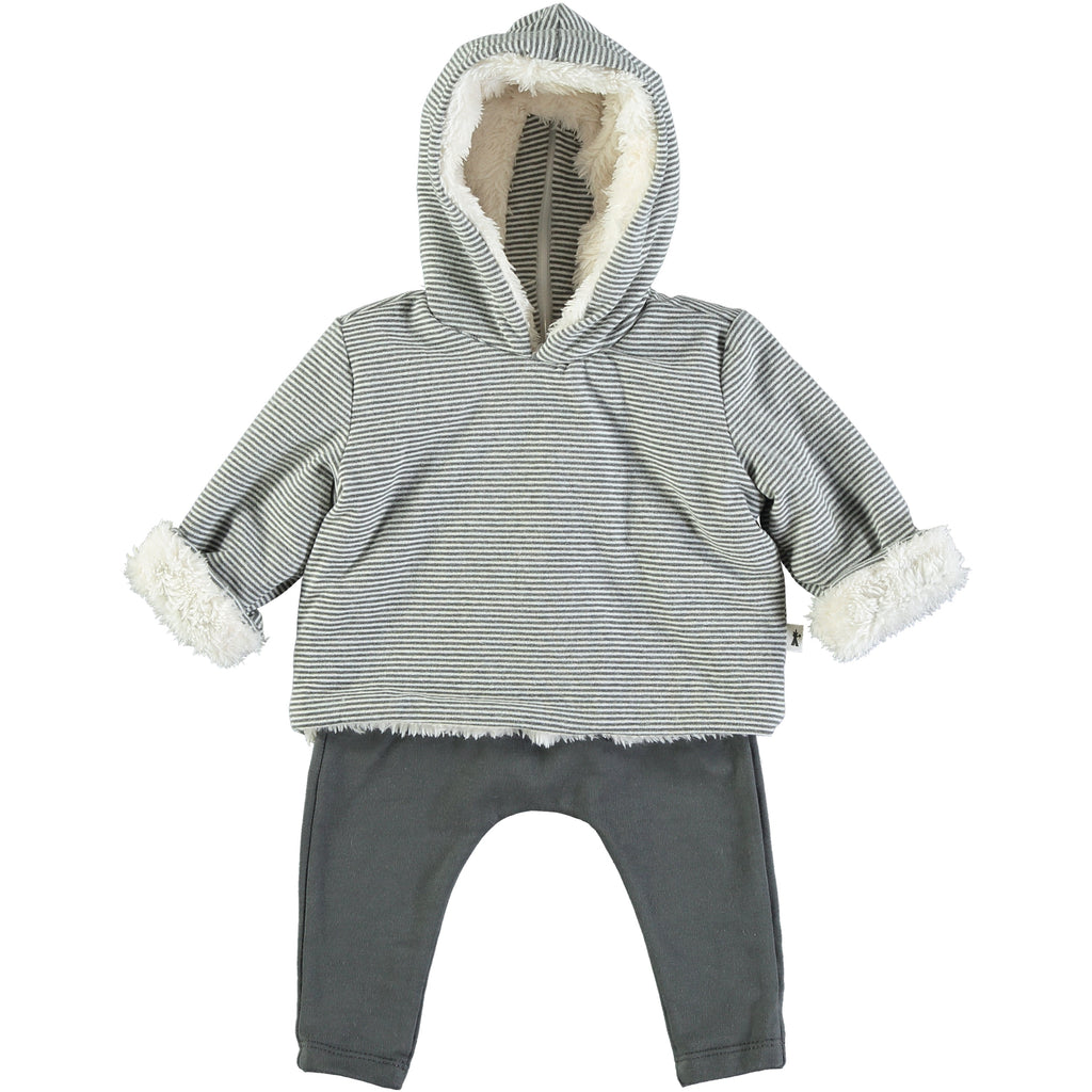 Petit Indi - Cozy Fleece Lined Top + Pant Set - Light Grey Stripe-Sets-0-3M-Posh Baby