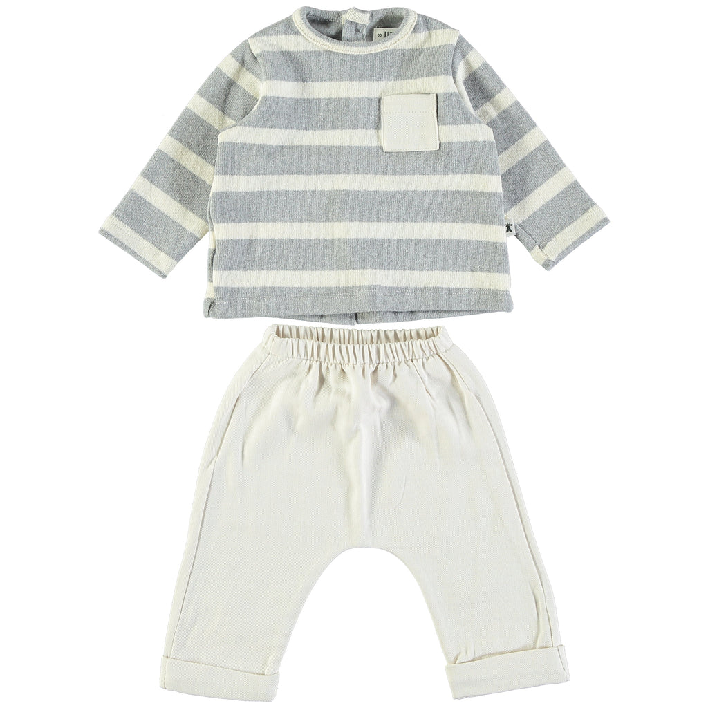 Petit Indi - Long Sleeve + Pant Set - Cream + Grey Stripe-Sets-0-3M-Posh Baby