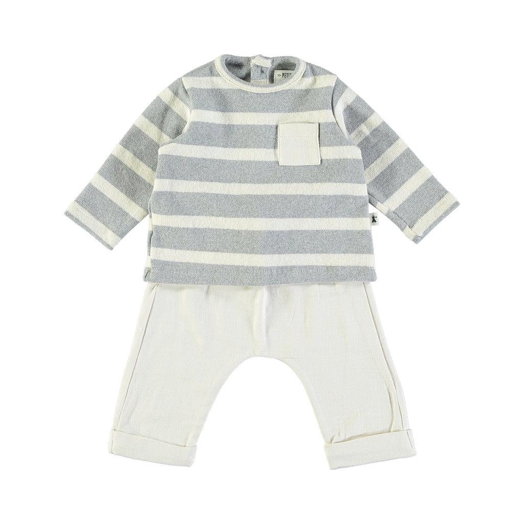 Petit Indi - Long Sleeve + Pant Set - Cream + Grey Stripe-Sets-0-3M-Posh Baby