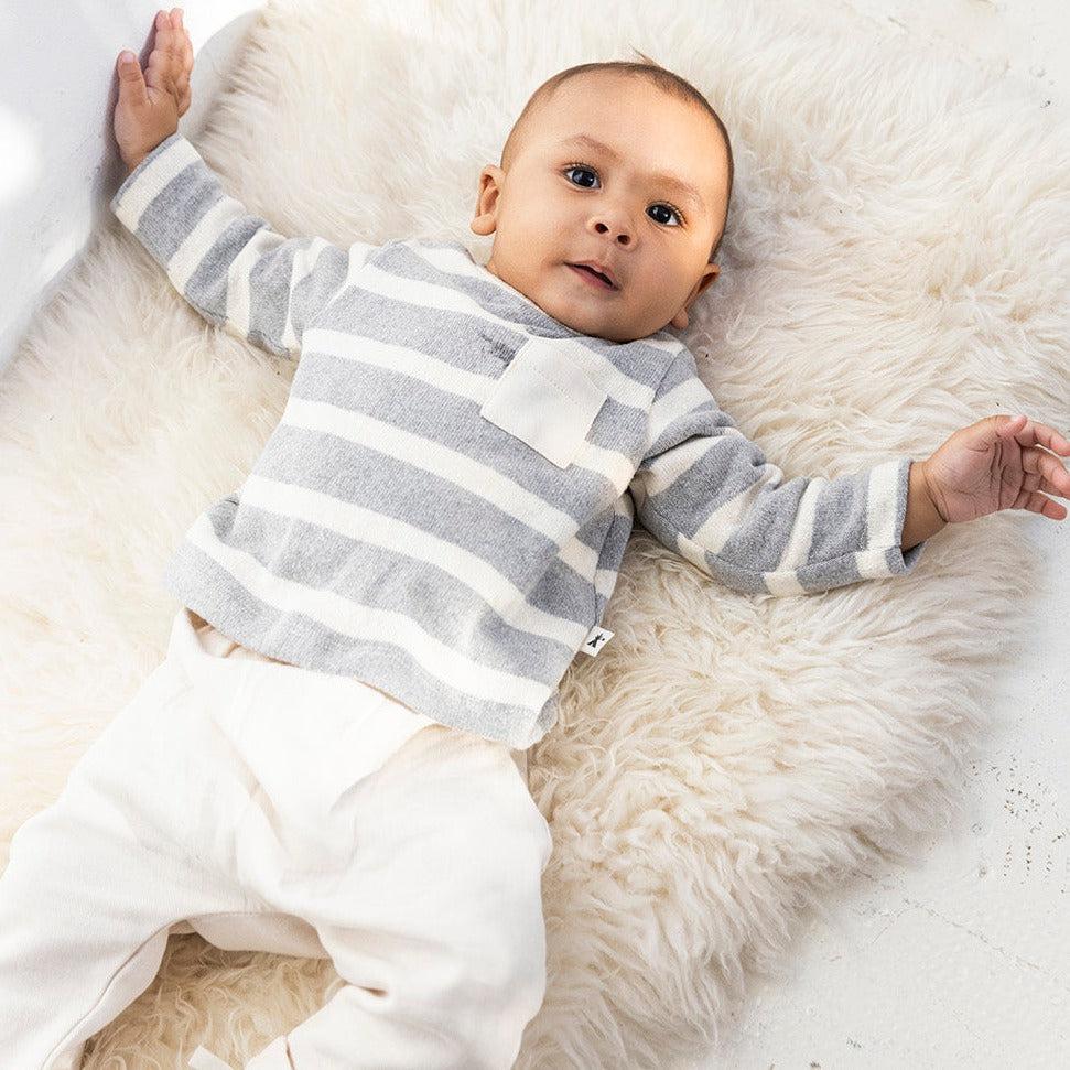 Petit Indi - Long Sleeve + Pant Set - Cream + Grey Stripe-Sets-0-3M-Posh Baby