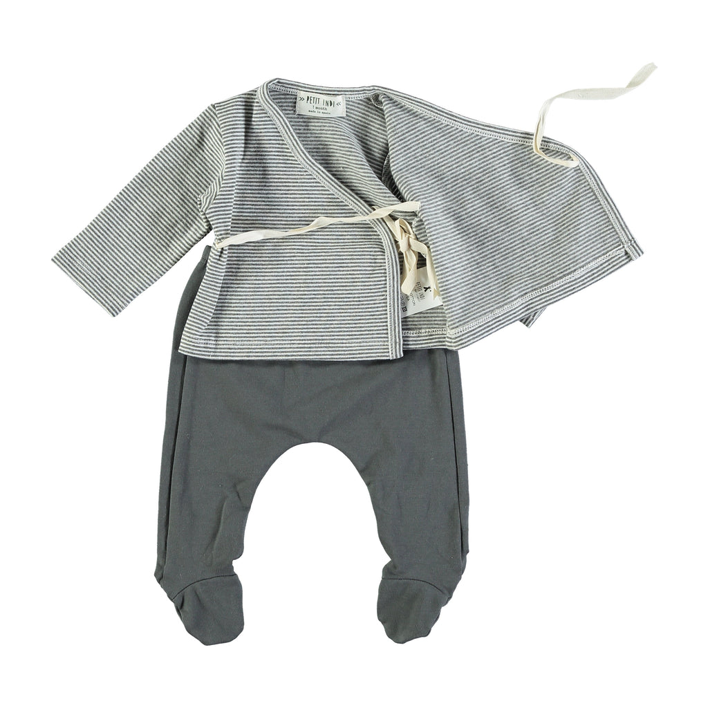 Petit Indi - Wrap Top + Footed Pant Set - Light Grey + Charcoal-Sets-Newborn-Posh Baby