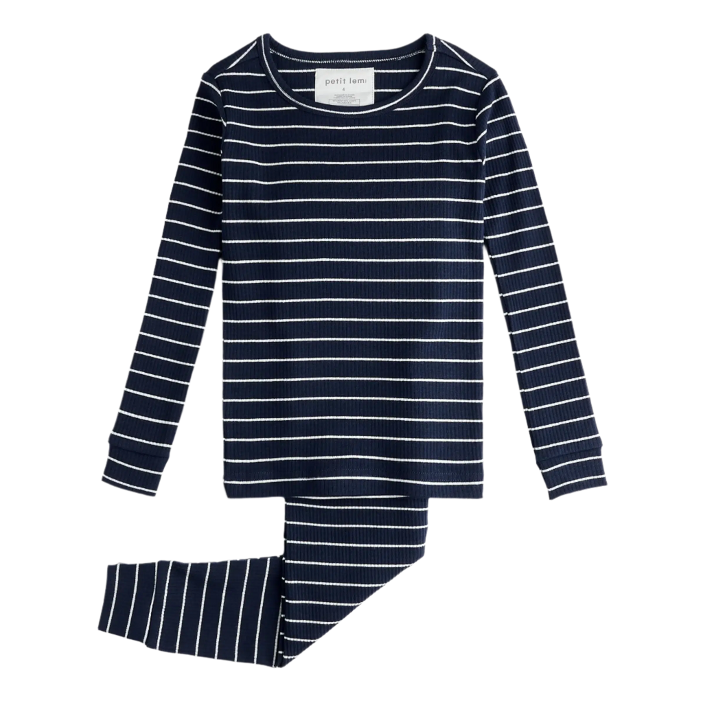 Petit Lem - Organic Modal Rib Pajama Set - Dress Blues Stripe-Pajama Sets-2T-Posh Baby