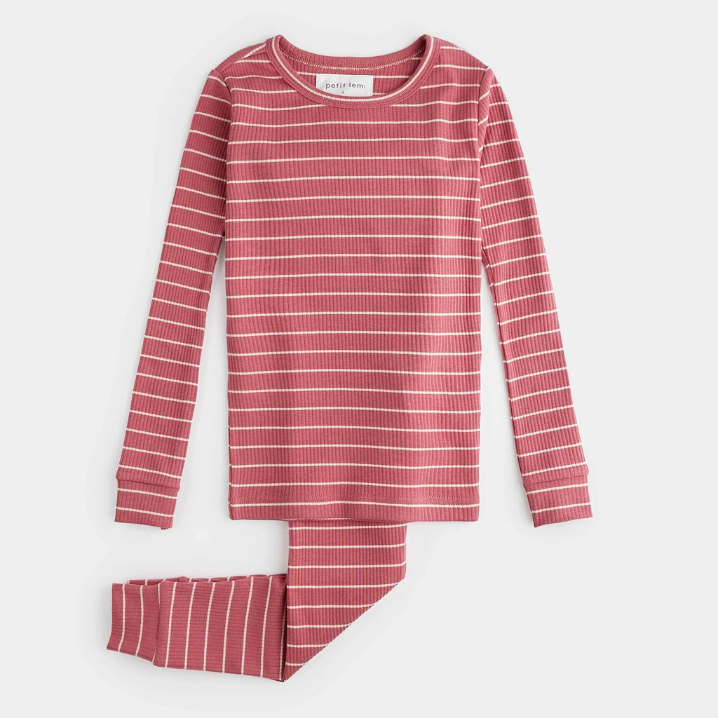 Petit Lem - Organic Modal Rib Pajama Set - Raspberry Stripe-Pajama Sets-2T-Posh Baby