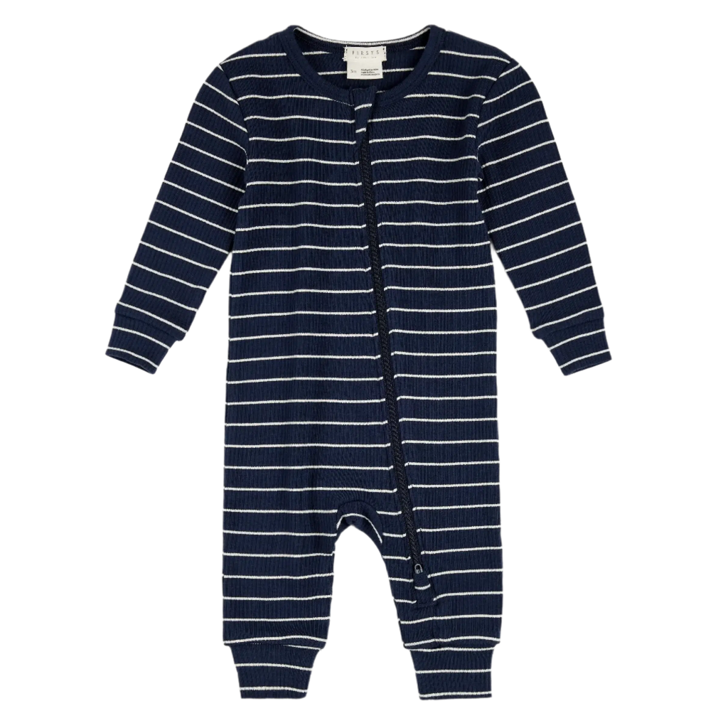 Petit Lem - Organic Modal Rib Romper - Dress Blues Striped-Footies + Rompers (Basic)-6-12M-Posh Baby