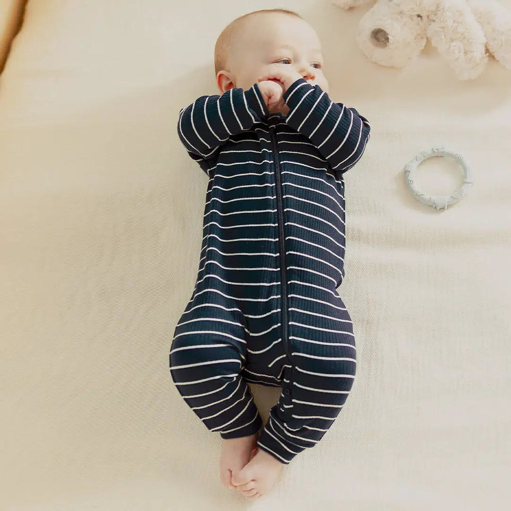 Petit Lem - Organic Modal Rib Romper - Dress Blues Striped-Footies + Rompers (Basic)-6-12M-Posh Baby