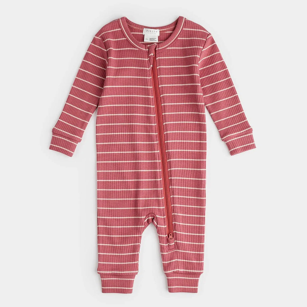 Petit Lem - Organic Modal Rib Romper - Raspberry Stripe-Footies + Rompers (Basic)-6-12M-Posh Baby