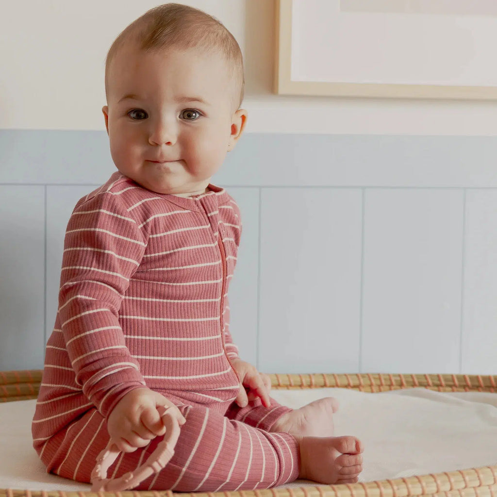 Petit Lem - Organic Modal Rib Romper - Raspberry Stripe-Footies + Rompers (Basic)-6-12M-Posh Baby