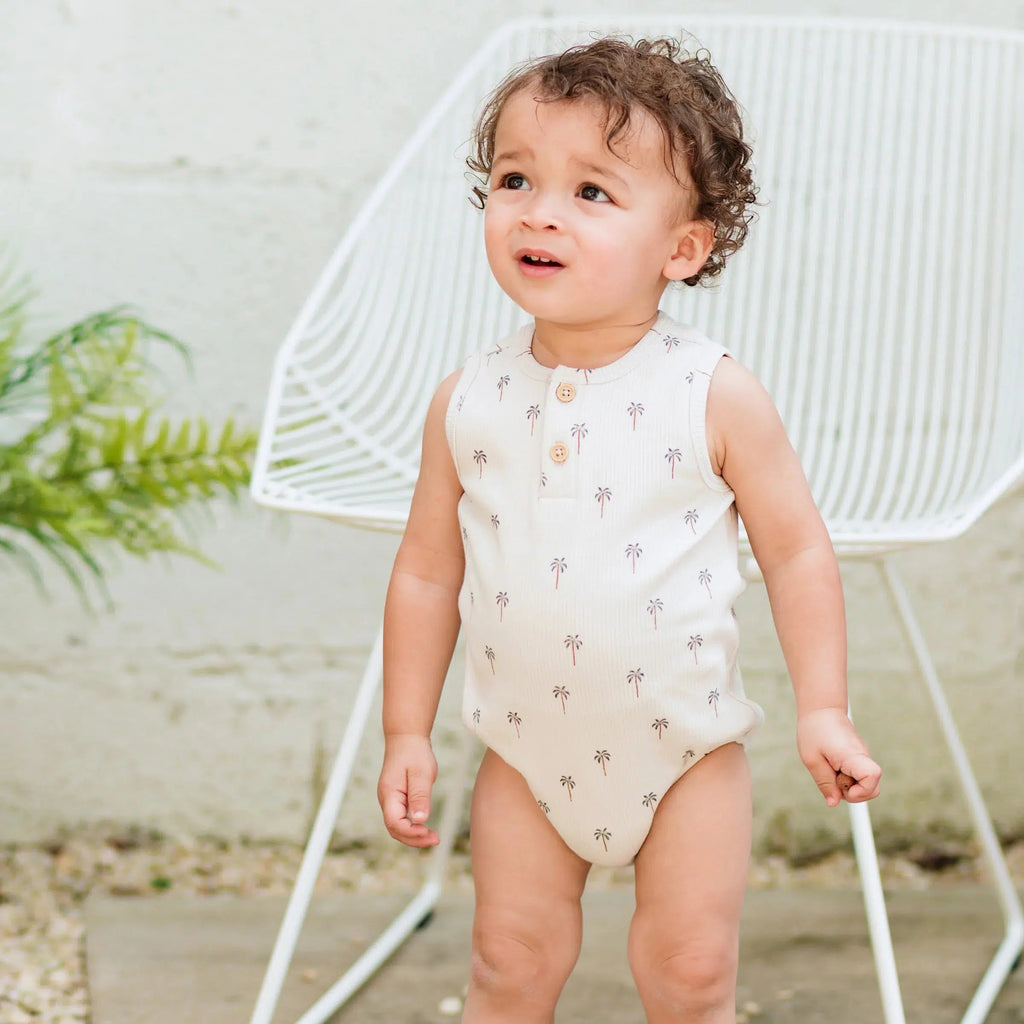 Petit Lem - Organic Ribbed Tank Romper - Palm Tree-Footies + Rompers (Fashion)-9-12M-Posh Baby