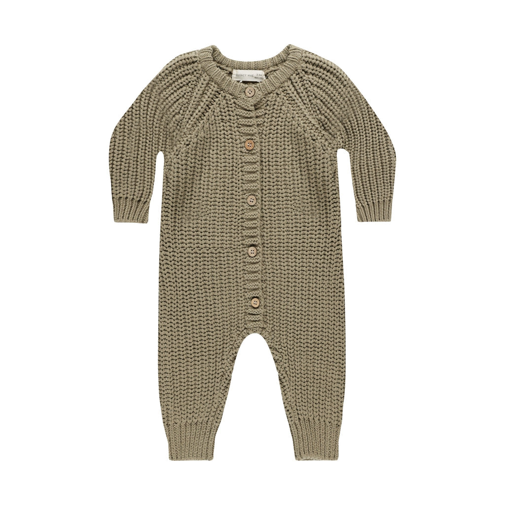 Quincy Mae - Organic Chunky Knit Jumpsuit - Olive-Footies + Rompers (Fashion)-3-6M-Posh Baby