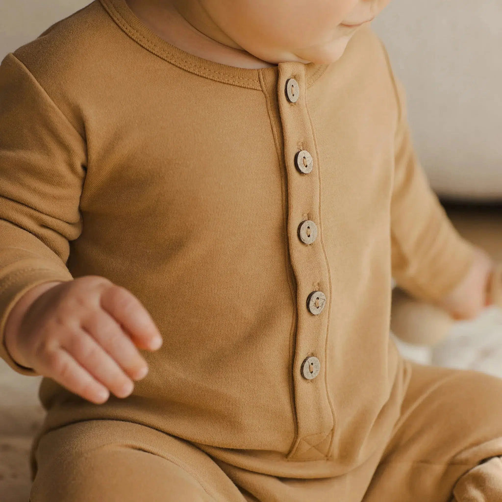 Quincy Mae - Organic Long Sleeve Jumpsuit - Golden-Footies + Rompers (Fashion)-0-3M-Posh Baby