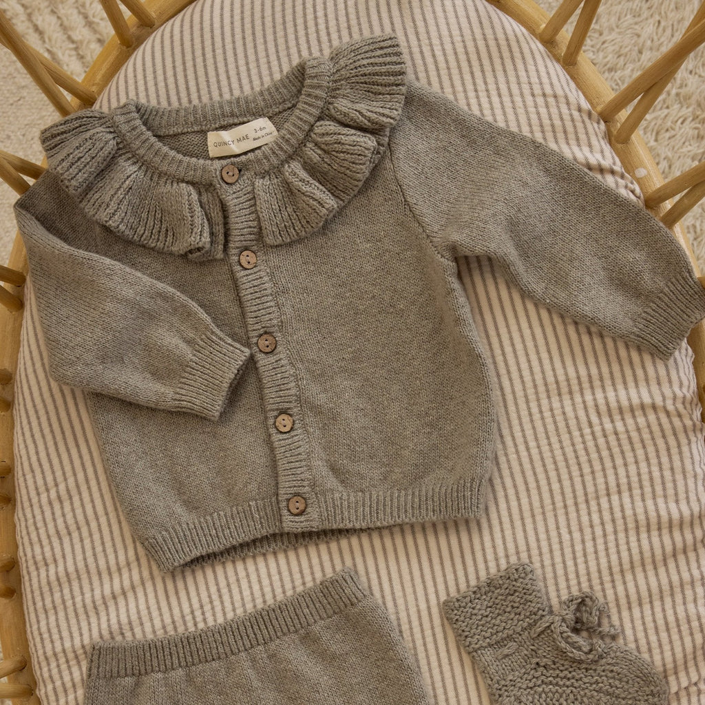 Quincy Mae - Organic Ruffle Collar Cardigan - Basil-Sweaters + Cardigans + Jackets-0-3M-Posh Baby