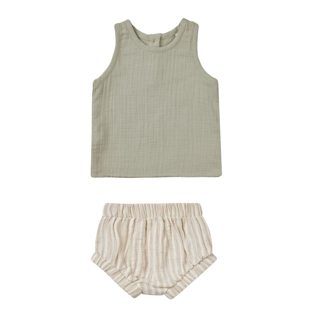 Quincy Mae - Organic Woven Tank + Shorts Set - Sage Stripe-Sets-0-3M-Posh Baby