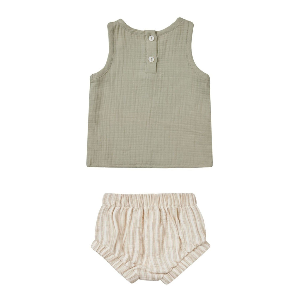 Quincy Mae - Organic Woven Tank + Shorts Set - Sage Stripe-Sets-0-3M-Posh Baby