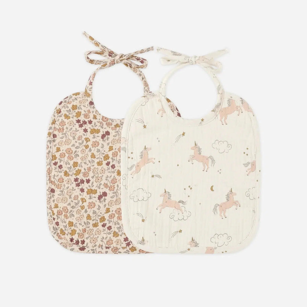 Quincy Mae - Organic Woven Tie Bib (2-pack) - Posy, Unicorns-Bibs + Burps-Posh Baby