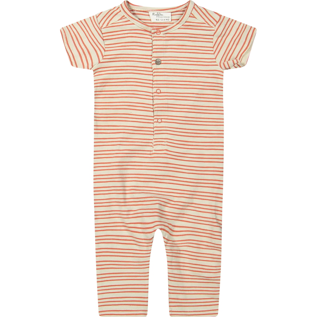 Riffle Amsterdam - Organic Short Sleeve Romper - Tangerine Stripe-Footies + Rompers (Fashion)-2-4M-Posh Baby