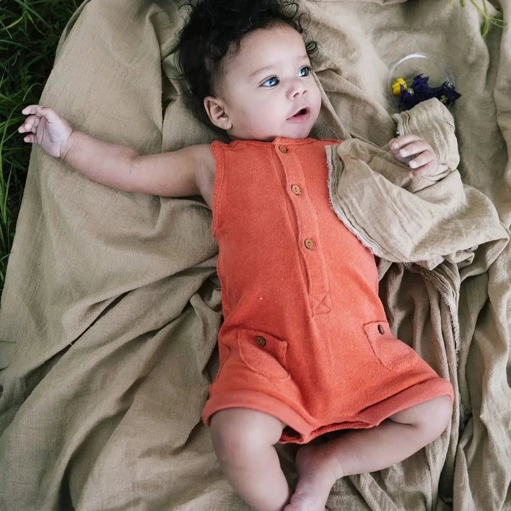 Riffle Amsterdam - Organic Sleeveless Terry Romper - Tangerine-Footies + Rompers (Fashion)-4-6M-Posh Baby