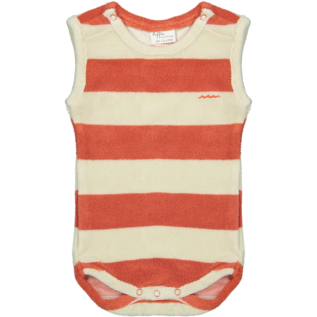 Riffle Amsterdam - Organic Sleeveless Terry Romper - Tangerine Stripe-Footies + Rompers (Fashion)-4-6M-Posh Baby