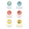 Illustrations of developmental toys with labels on a white background